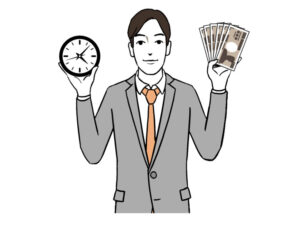 時計とお金を持ったサラリーマンのイラスト